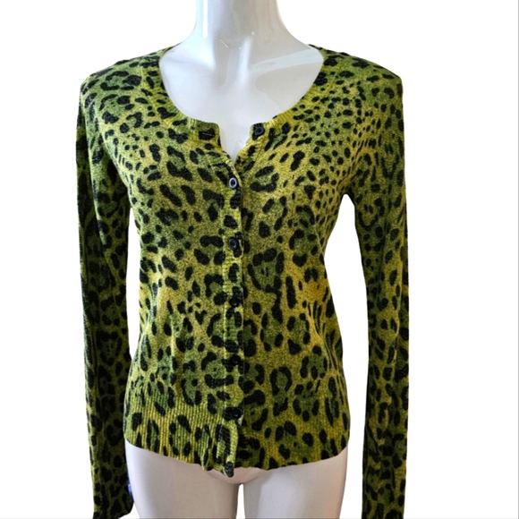 Jigsaw Sweaters - Jigsaw lurex cardigan in green and leopard print. Size 10-12